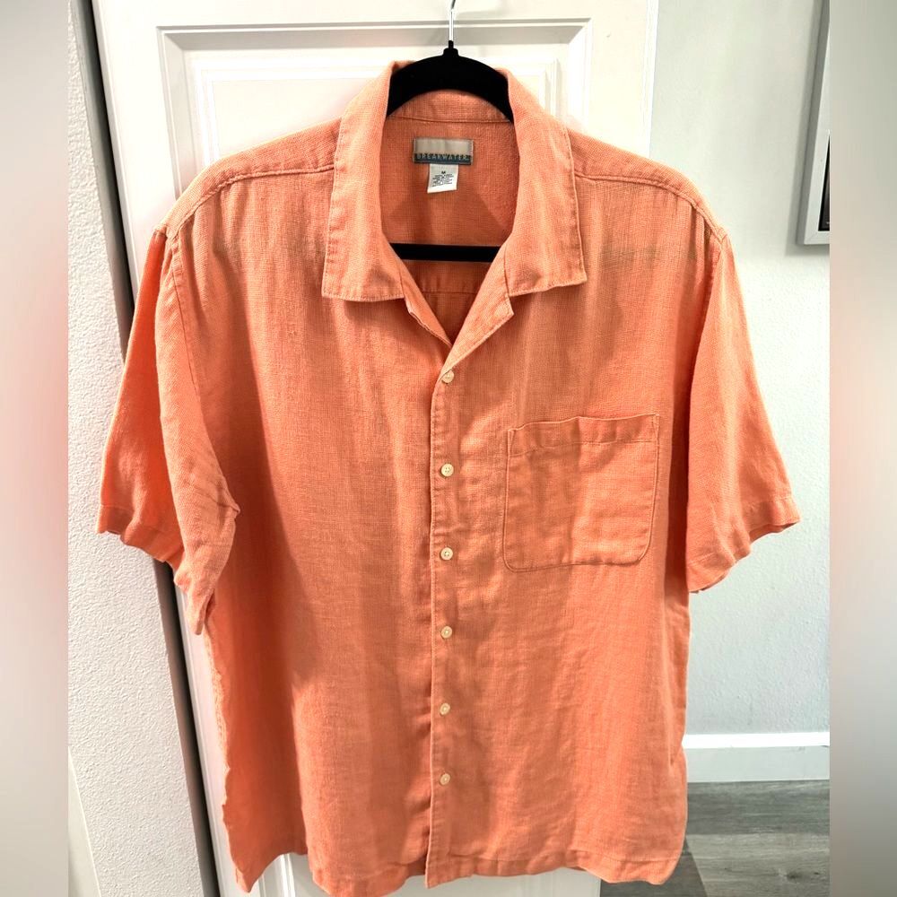 Breakwater Men coral orange button-down short sleeve 100% linen shirt Medium